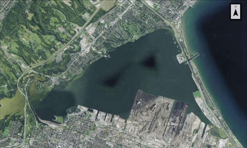 Aerial view of Hamilton Harbour (43°14'N, 79°51'W) located at the western end of Lake Ontario (Google Earth 2010).